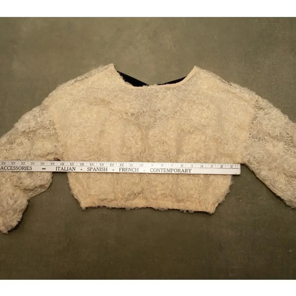Zara Cream Tulle‎ Floral Lace Crop Blouse with Black Back Bow Coquette Twee